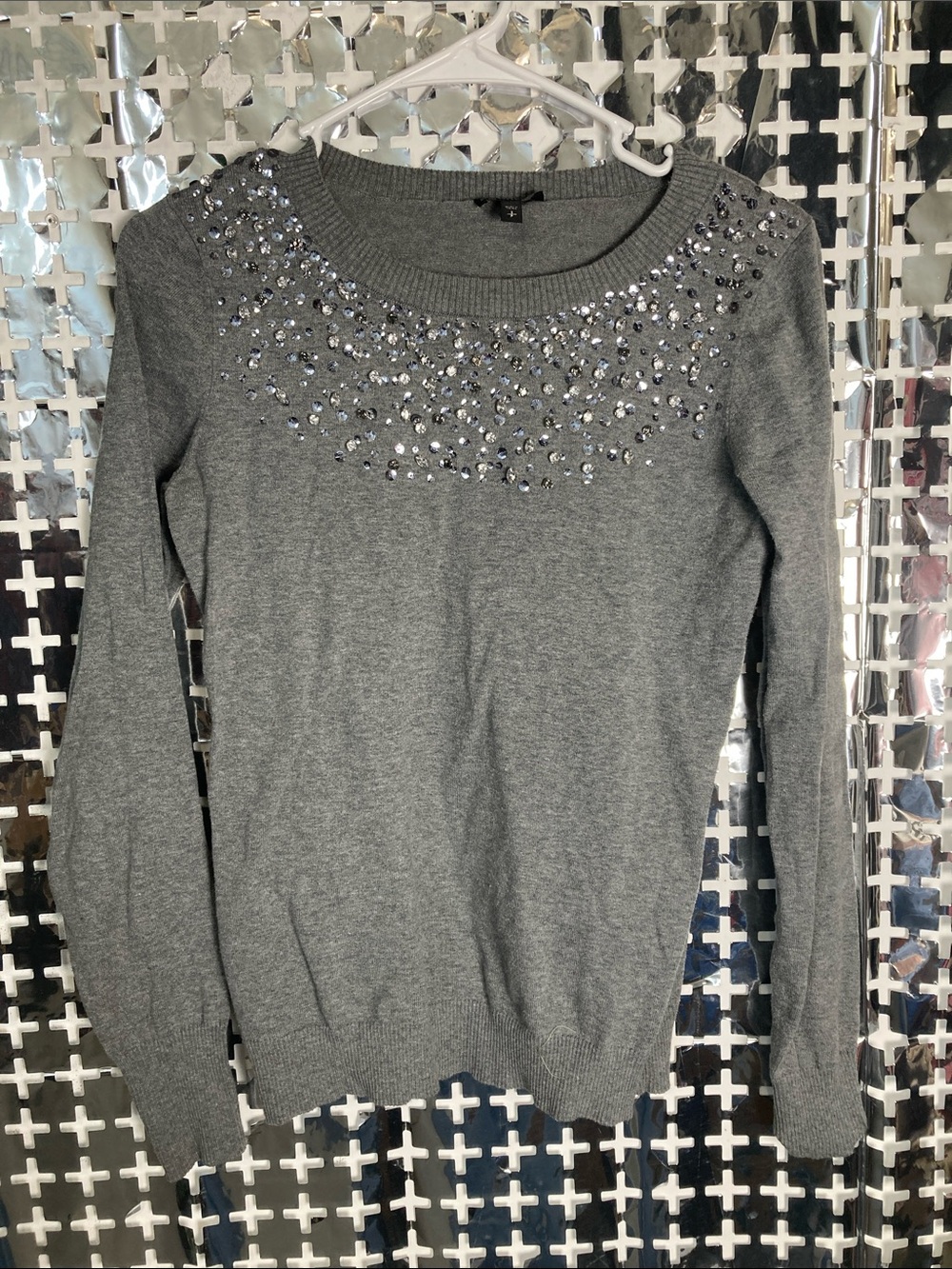 Express Gray Scoop-Neck Sweater with Rhinestone Detail